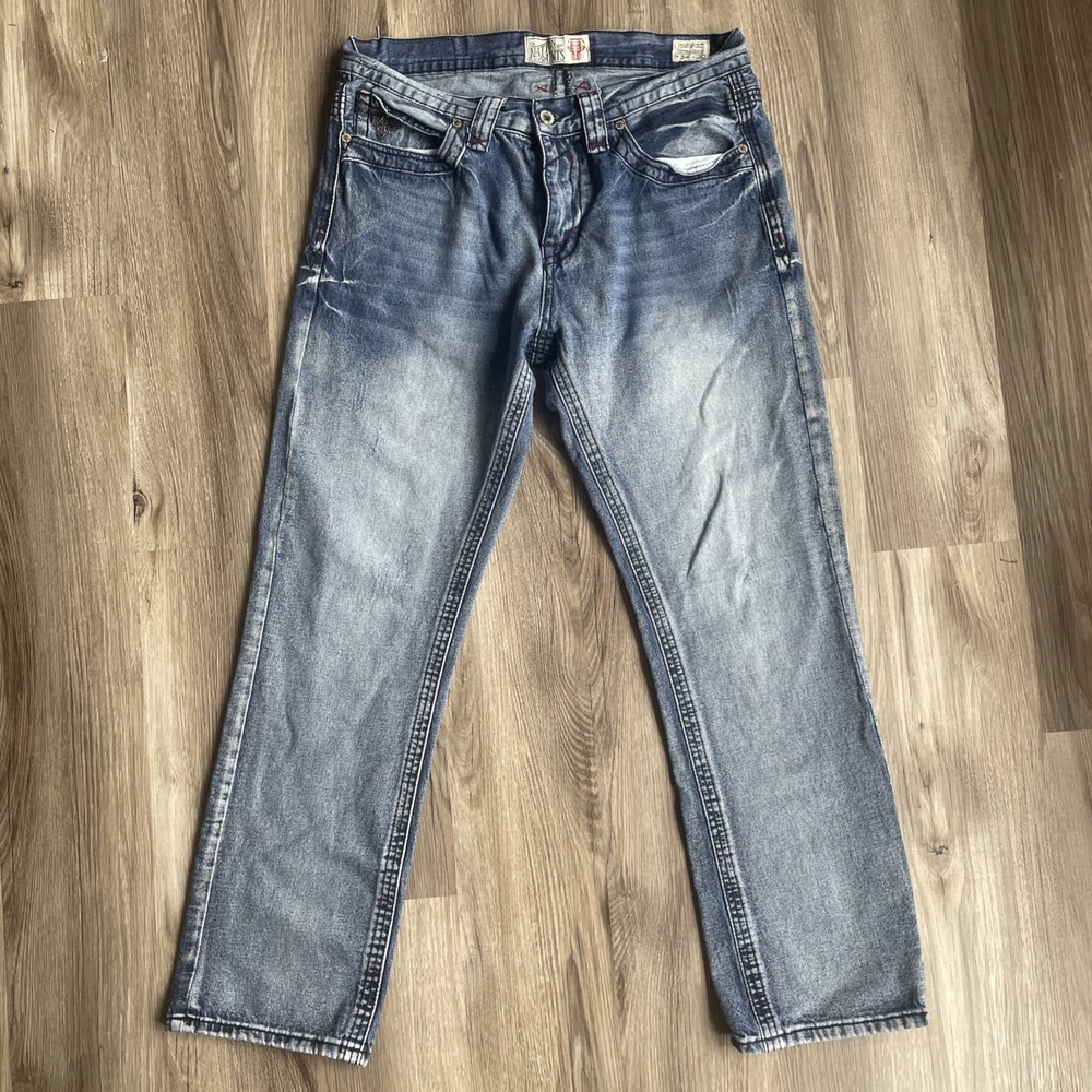 Nation of Saints Mens Original Straight Leg Jeans Blue Embroidered Pockets 34x30